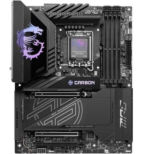 MSI MPG Z890 Carbon WiFi - Motherboard - ATX - LGA1851-Sockel - Z890 Chipsatz - USB 3,2 Gen 1, USB-C 3,2 Gen 2x2 - 2,5 Gigabit LAN, 5 Gigabit Ethernet, Wi-Fi 7, Bluetooth - Onboard-Grafik (CPU erforderlich) - HD Audio (8-Kanal) (7E17-001R) afbeelding 1