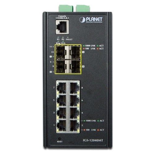 PLANET IGS-12040MT - Switch - verwaltet - 8 x 10/100/1000 + 4 x Gigabit SFP - an DIN-Schiene montierbar, wandmontierbar - AC 24 V / DC 12 -72 V (IGS-12040MT) afbeelding 1