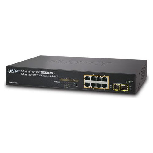 PLANET GS-4210-8P2S - Switch - L4 - managed - 8 x 10/100/1000 (PoE+) + 2 x SFP - an Rack montierbar - PoE+ (120 W) (GS-4210-8P2S) afbeelding 1