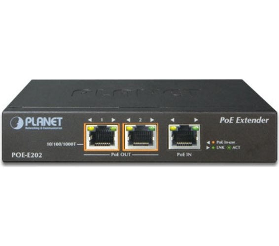 PLANET POE-E202 - Repeater - Ethernet, Fast Ethernet, Gigabit Ethernet - 10Base-T, 100Base-TX, 1000Base-T - RJ-45 / 2x RJ-45 afbeelding 1