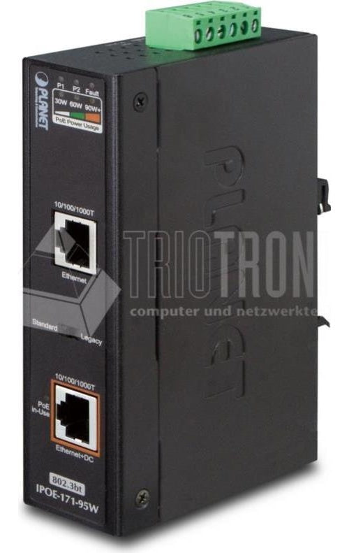 Planet IPOE-171-95W - IEEE 802.3,IEEE 802.3ab,IEEE 802.3af,IEEE 802.3at,IEEE 802.3bt,IEEE 802.3u - 10/100/1000Base-T(X) - Cat6 - Schwarz - IP30 - PoE - Leistung - Fertig (IPOE-171-95W) afbeelding 1