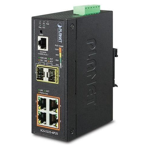 PLANET IGS-5225-4P2S - Switch - L2+ - managed - 4 x 10/100/1000 (PoE+) + 2 x 1000Base-X SFP - an DIN-Schiene montierbar - PoE+ (144 W) - Gleichstrom (IGS-5225-4P2S) afbeelding 1
