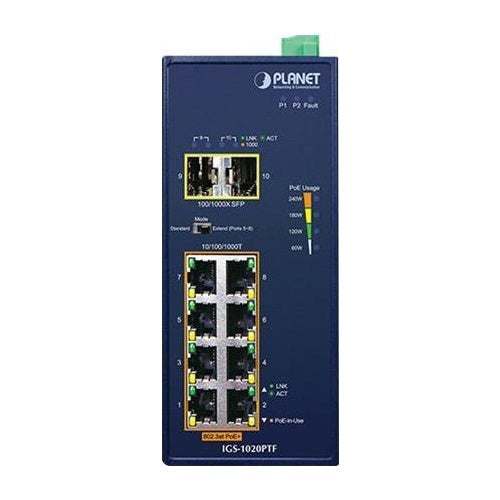 PLANET IGS-1020PTF - Switch - unmanaged - 8 x 10/100/1000 (PoE+) + 2 x Gigabit SFP - an DIN-Schiene montierbar, wandmontierbar - PoE+ (240 W) - Gleichstrom (IGS-1020PTF) afbeelding 1
