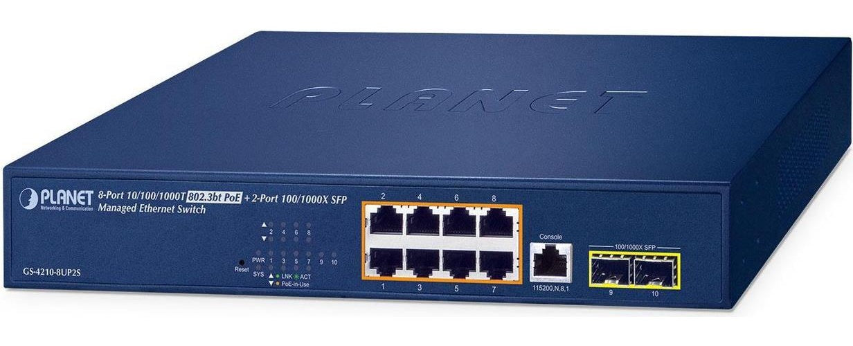 PLANET IPv6/IPv4 - 8-Port Managed L2/L4 Gigabit Ethernet (10/100/1000) Power over Ethernet (PoE) 1U Blau (GS-4210-8UP2S) afbeelding 1