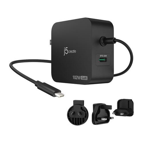 j5create 102-Watt-GaN-PD-USB-C-Reiseladegerät mit 2 Anschlüssen, einschliesslich austauschbaren Netzs (102 W) Schwarz (JUP25102V-N) afbeelding 1
