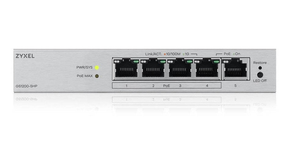 ZyXEL 5-Port Gigabit PoE+ Web / Smart Managed Switch, 4x PoE+, 68 Watt, (GS1200-5HPV3-EU0101F) afbeelding 3