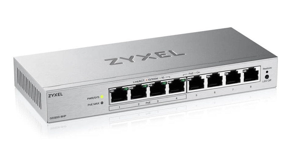 ZyXEL 8-Port Gigabit PoE+ Web / Smart Managed Switch, 4x PoE+, 68 Watt, (GS1200-8HPV3-EU0101F) afbeelding 2