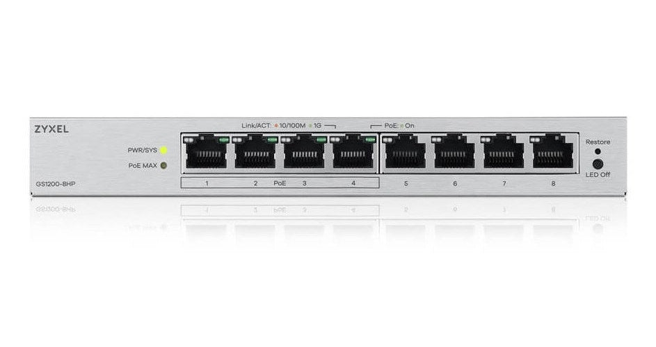 ZyXEL 8-Port Gigabit PoE+ Web / Smart Managed Switch, 4x PoE+, 68 Watt, (GS1200-8HPV3-EU0101F) afbeelding 3