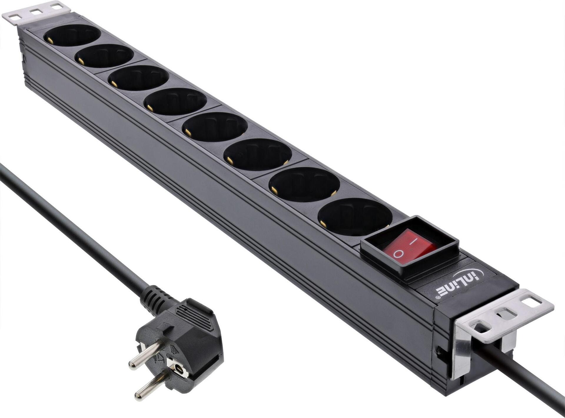 InLine 19" Power Strip, 8-Way Safety Contact, with Switch, 2 m, Black (16412S)