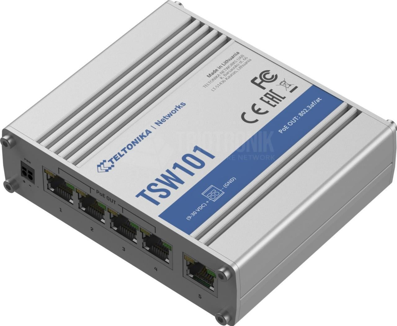 Teltonika IP30 Industrie 5-Port 1Gbit PoE+ unmanaged Switch, -40°C - +75°C Industrie Switche (TSW101) afbeelding 1
