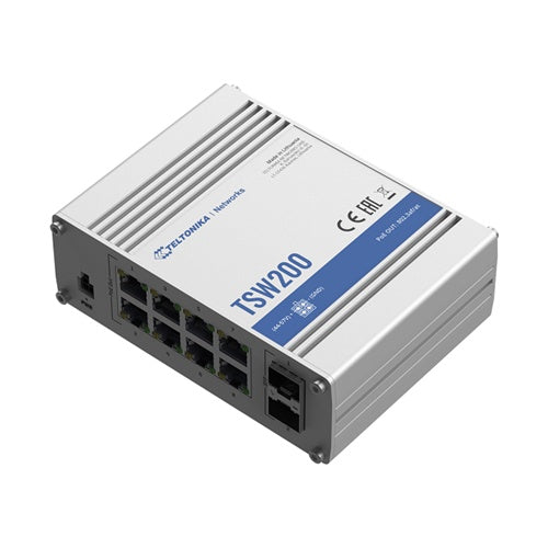 Teltonika TSW200 - Switch - unmanaged - 8 x 10/100/1000 + 2 x Gigabit SFP - an DIN-Schiene montierbar, wandmontierbar - PoE+ - DC (TSW200000010) afbeelding 1