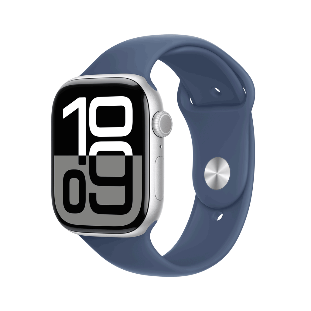 Apple Watch Series 10 GPS 46 mm Silver Aluminium Case with Denim Sport Band - S/M (MWWL3QF/A)