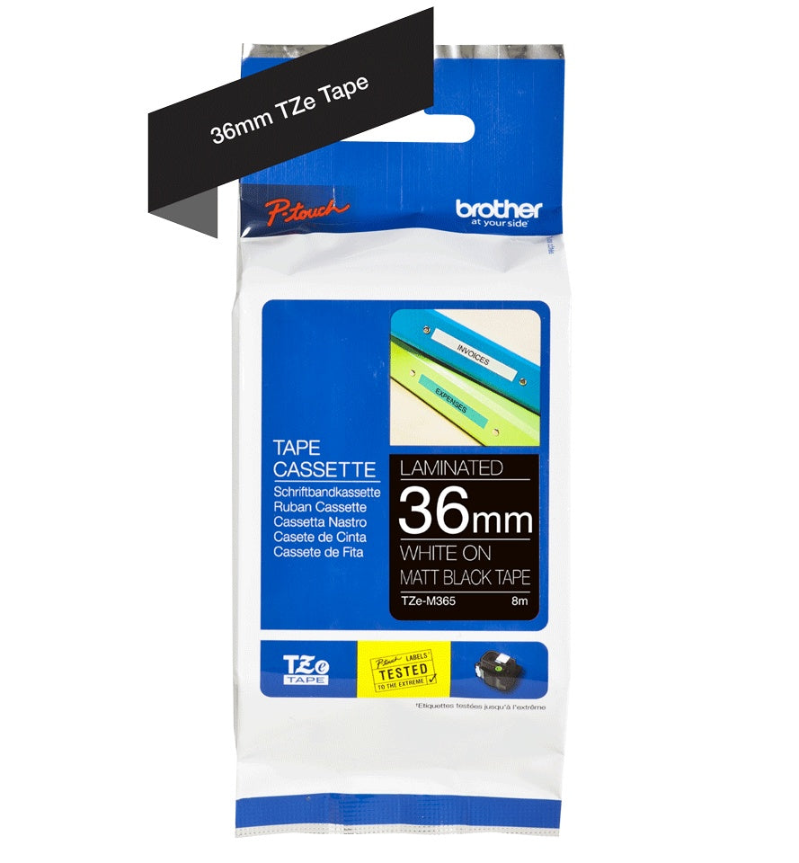 Brother TZe-M365 - Matt - Klebstoff - weiß auf mattschwarz - Rolle (3,6 cm x 8 m) 1 Rolle(n) laminiertes Band - für P-Touch PT-530, PT-9200DX, PT-9200PC, P-Touch Cube XP PT-910BT (TZEM365) afbeelding 1