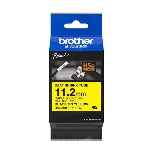 Brother HSe-631E - Schwarz auf Gelb - Roll (1.12 cm x 1.5 m) 1 Kassette(n) Hängebox - Schrumpfschlauch-Band - für P-Touch PT-D800W, PT-E300, PT-E300VP, PT-E550WVP, PT-P700, PT-P750W, PT-P900W, PT-P950NW afbeelding 1