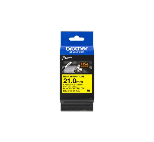Brother HSE-651E - Schwarz auf Gelb - Roll (2.1 cm x 1.5 m) 1 Kassette(n) Hängebox - Schrumpfschlauch-Band - für P-Touch PT-D800W, PT-E550WVP, PT-P700, PT-P750W, PT-P900W, PT-P950NW afbeelding 1