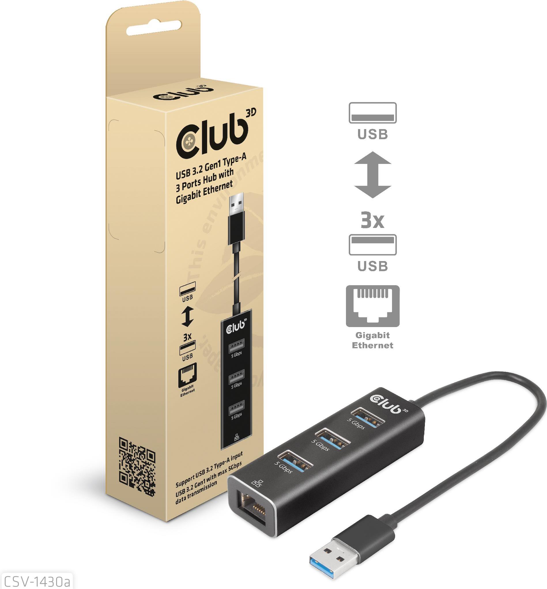 CLUB3D CSV-1430a Wired USB 3.2 Gen 1 Type-A Hub with Ethernet (CSV-1430A)