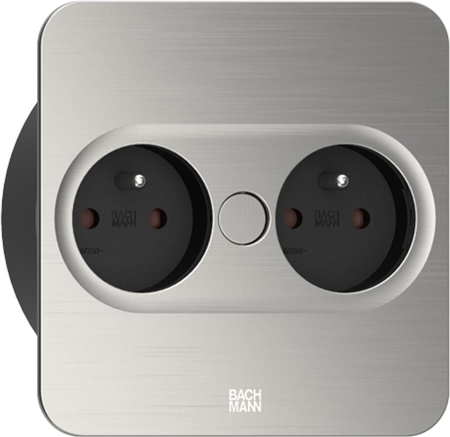 Bachmann TWIST 2 Metal Cover Plate, Square, Stainless Steel Look, 2x UTE French Socket, Black, 2.0 m H05VV-F3G1.5mm² Cable 2xUTE