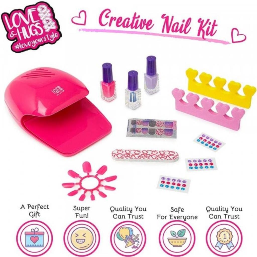 Love and Hugs Manicure-Pedicure Set - Nail Dryer, 2x Nail Polish, Press-on Nails