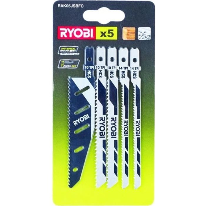 RYOBI 5-Piece FLUSHCUT Jigsaw Blade Set - Wood 10 TPI, Scroll Saw 14 TPI, Reverse Saw 10 TPI - RAK05JSBFC