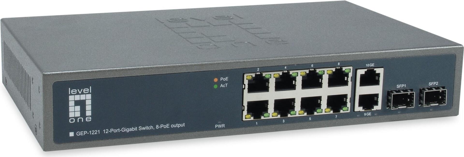 LevelOne GEP-1221 Unmanaged Switch - 8 x 10/100/1000 (PoE+) + 2 x Gigabit SFP - Rack-Mountable - PoE+ (150 W) 1000Base-T