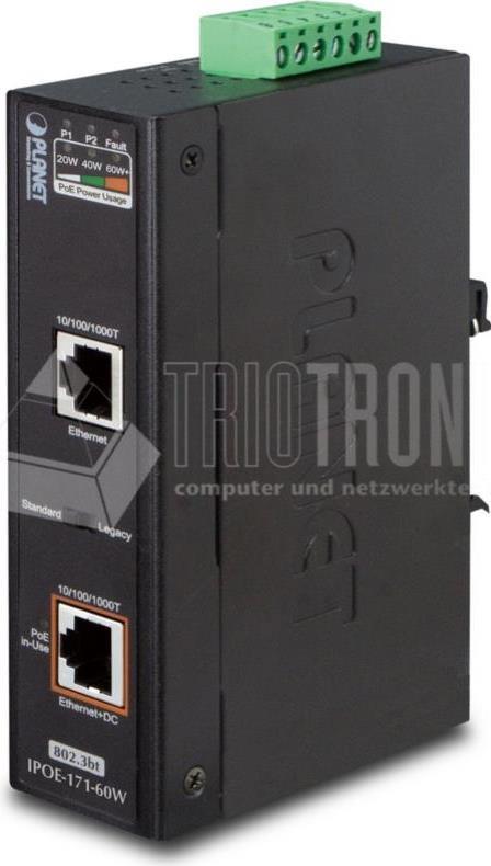 PLANET IPOE-171-60W Industrial PoE Injector - 60W Output, Multi-Gigabit, Single-Port 802.3bt 100M/1G/2.5G/5GBASE-T