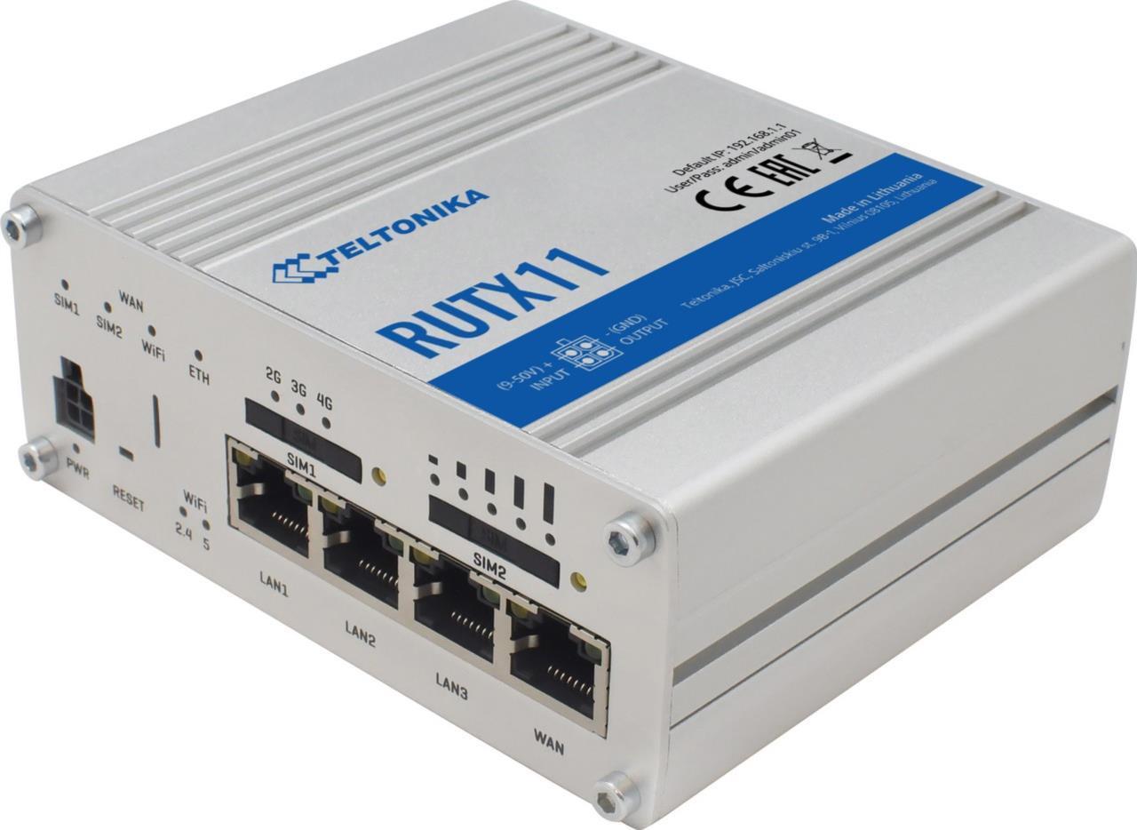 Teltonika RUTX11 Wireless Router, WWAN 4-Port Switch, 1GbE, Wi-Fi 5, DIN Rail Mountable - RUTX11000000
