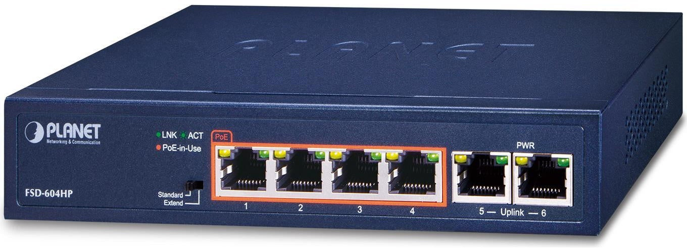 PLANET 4-Port 10/100TX 802.3at POE + Unmanaged Fast Ethernet (10/100) Power over Ethernet (PoE) Blau (FSD-604HP-SD) afbeelding 1