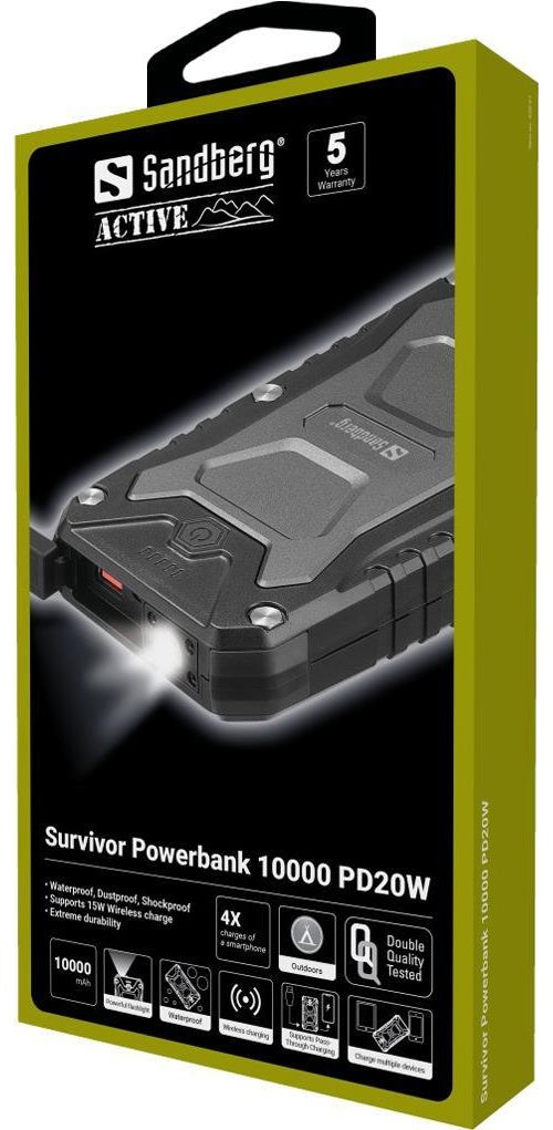 Sandberg Active Survivor - Powerbank - 10000 mAh - 37 Wh - 22,5 Watt - 5 A - PD - 2 Ausgabeanschlussstellen (USB, 24 pin USB-C) - auf Kabel: USB-C (420-91) afbeelding 1