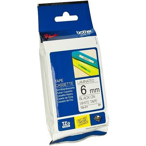 Brother TZe-211 - Standard-Klebstoff - Schwarz auf Weiß - Rolle (0,6 cm x 8 m) 1 Kassette(n) laminiertes Band - für Brother PT-D210, D600, H110, P-Touch PT-1005, 1880, E310, E800, P-Touch Cube Plus PT-P710 (TZE-211) - 5706998333339 - image 1