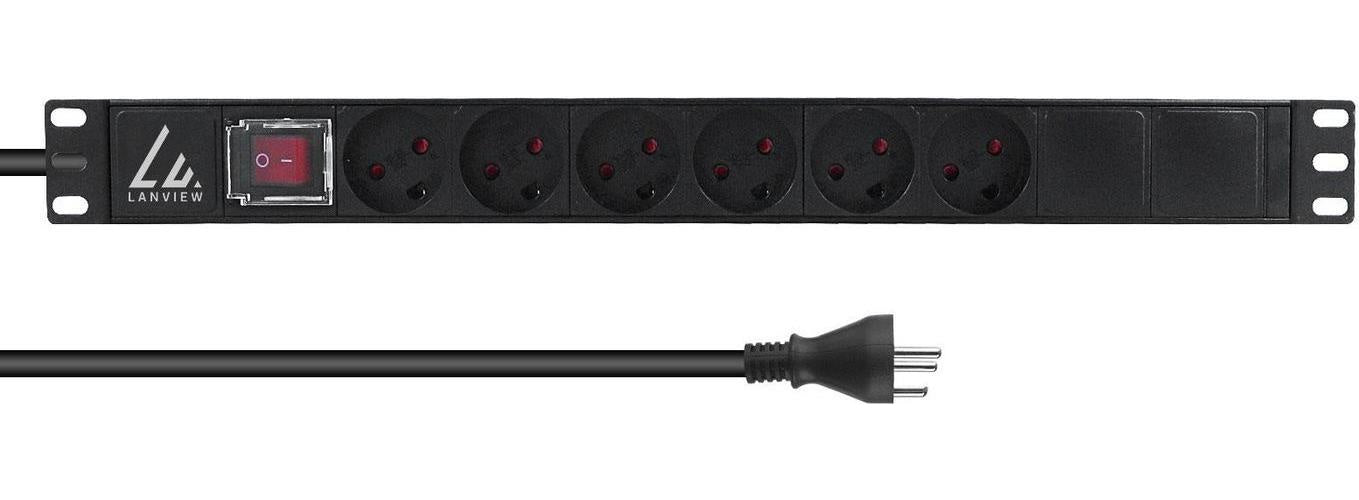 Lanview 19'' rack mount power strip ON/OFF Switch 1U 13A with - Rack-Modul (LVR-3MDK-SW-DK6) afbeelding 1