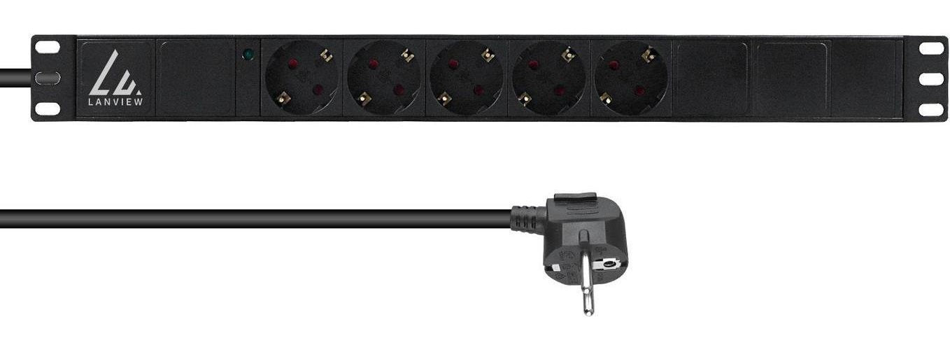 Lanview 19'' rack mount power strip 1U 10A with 5 x Schuko type - Rack-Modul (LVR-3MSCH-LIC-SCH5) afbeelding 1