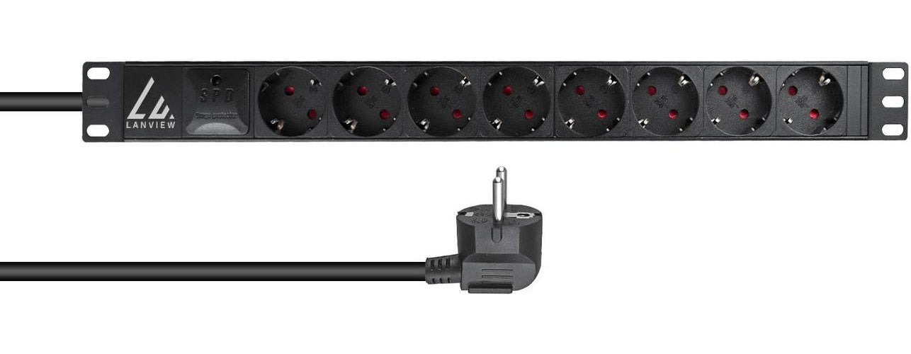 Lanview LVR-2MSCH-SPD-SCH8 48,30cm (19") Rack-Steckdosenleiste 8x Schuko 16A mit Hot-Swap-Überspannungsschutz 2m Kabel afbeelding 1