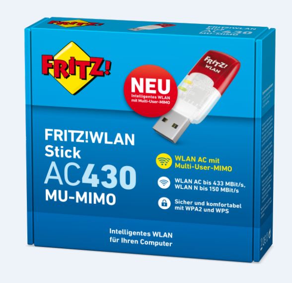 AVM FRITZ!WLAN USB Stick AC 430 MU-MIMO, High Speed Wireless Adapter, Model 20002766