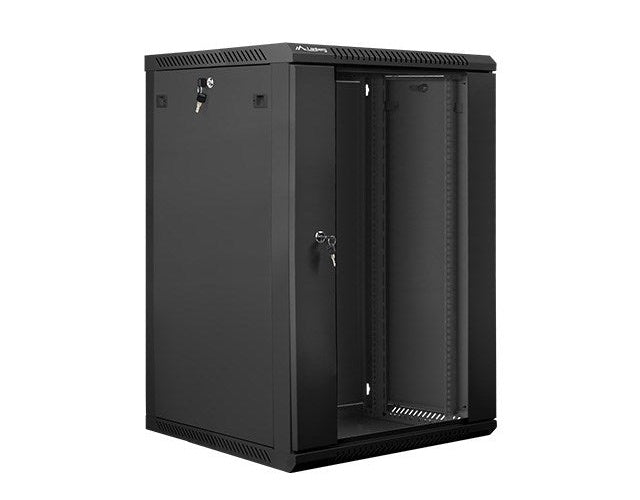 Lanberg wall-mounted installation rack cabinet 19'' 18U 600x600mm black (glass door) afbeelding 2