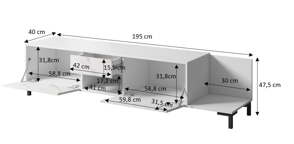 RTV Cabinet MARMO 2D1S1K 195x40x47.5 cm white matt/marble white afbeelding 4