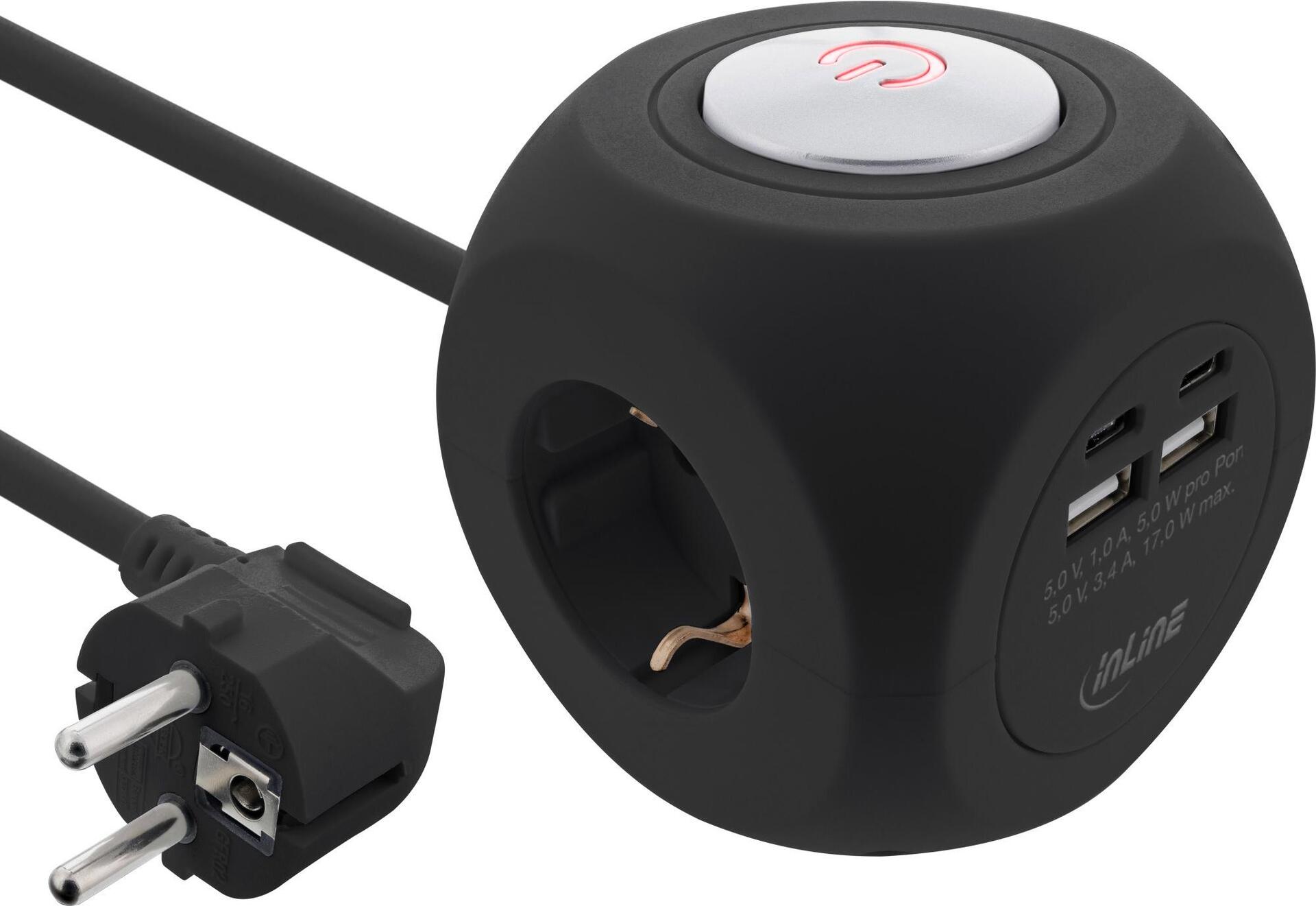 InLine® Charging Cube, 3x Schuko, 2x USB-C, 2x USB-A, Black, 2 m (16499B)