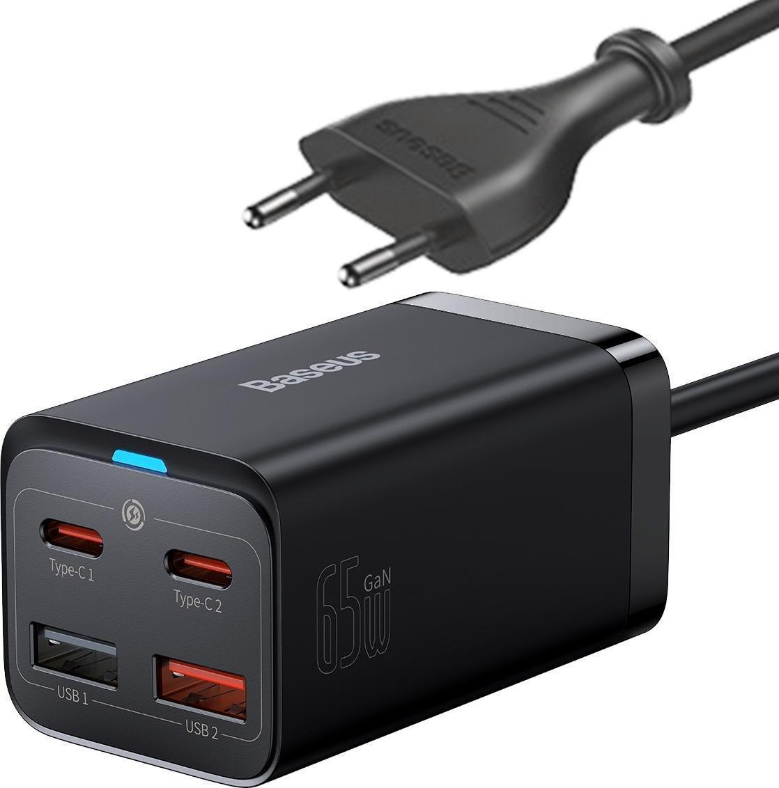 Baseus GaN3 Pro 65W Wall Charger with 2xUSB + 2xUSB-C QC4+ PD3.0 Ports and 1.5 m USB-C Cable, Black (CCGP040101)