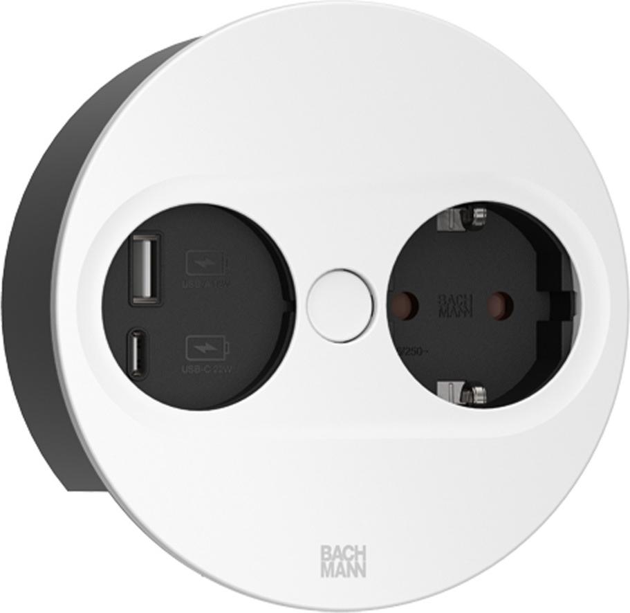 BACHMANN TWIST2 1xCEE7/3 1xUSB A/C 22W Round White 0.2 m BM0010998