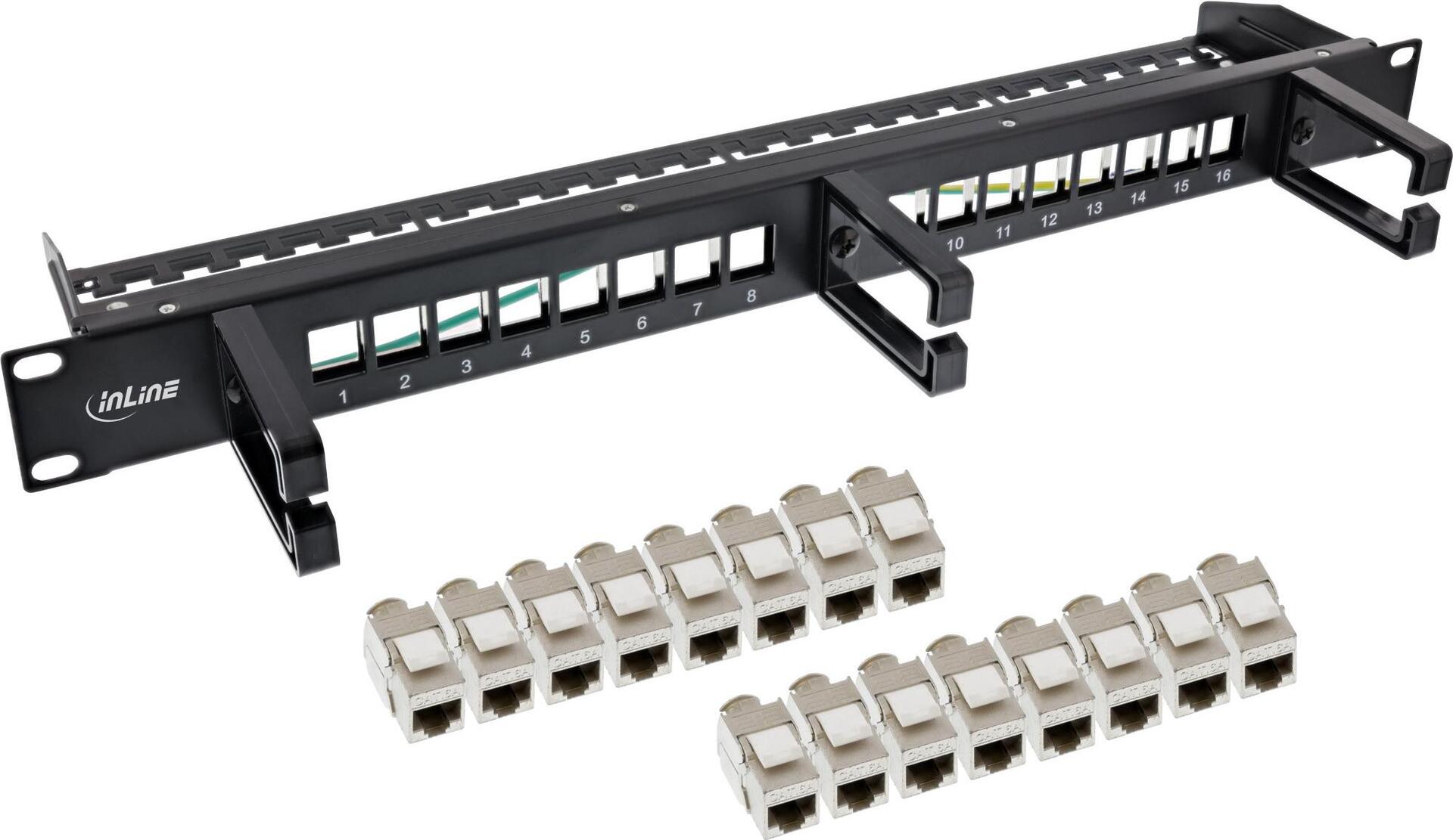InLine Patch Panel Cat.6A 16-port with 3 Brackets 19" 1U Black (76822D)