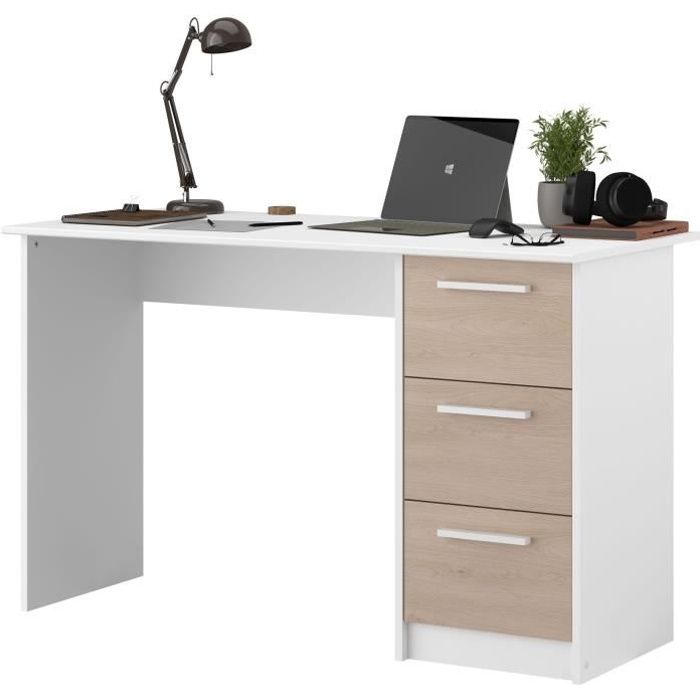 PARISOT ESSENTIEL Straight Desk - 3 Drawers - Oak and White Finish - W 121.2 x D 55 x H 74.5 cm