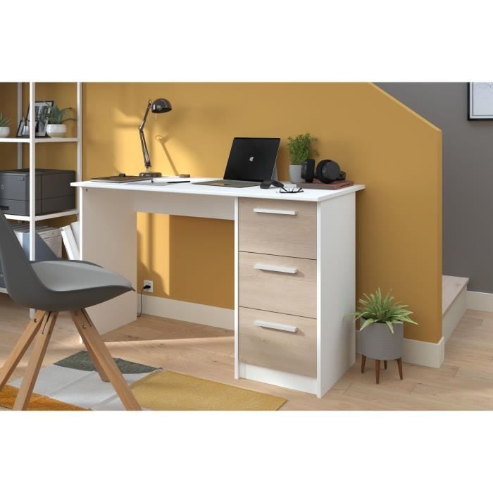 PARISOT ESSENTIEL Straight Desk - 3 Drawers - Oak and White Finish - W 121.2 x D 55 x H 74.5 cm