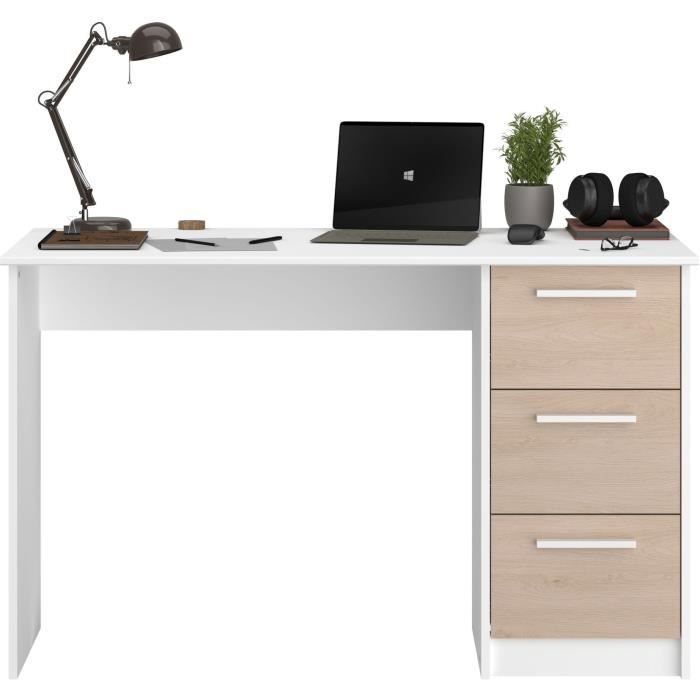 PARISOT ESSENTIEL Straight Desk - 3 Drawers - Oak and White Finish - W 121.2 x D 55 x H 74.5 cm