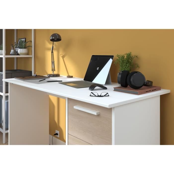 PARISOT ESSENTIEL Straight Desk - 3 Drawers - Oak and White Finish - W 121.2 x D 55 x H 74.5 cm