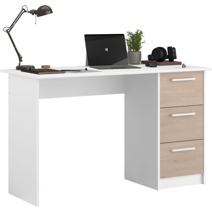 PARISOT ESSENTIEL Straight Desk - 3 Drawers - Oak and White Finish - W 121.2 x D 55 x H 74.5 cm