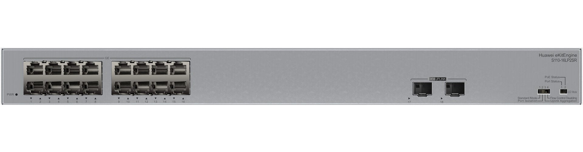Huawei eKitEngine S110 Series S110-16LP2SR - Switch - 2 x Gigabit SFP + 16 x 10/100/1000 - Desktop, an Rack montierbar, wandmontierbar - PoE+ (124 W) (98012197) afbeelding 1