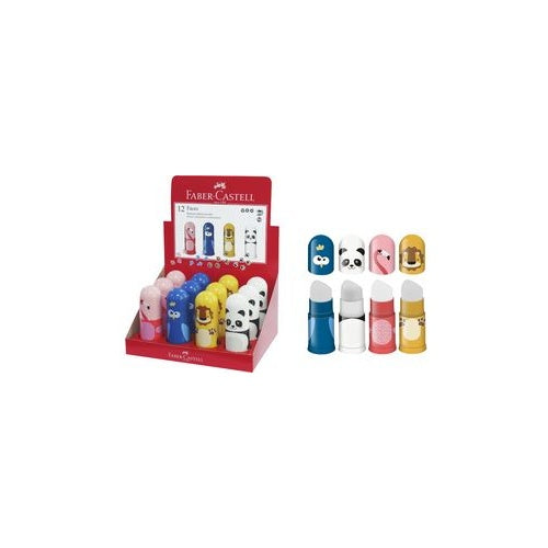 FABER-CASTELL Radierer-Spitzer-Kombi Faces, im Display Einfachspitzdose für Blei- und Farbstifte, geeignet für alle - 12 Stück (583513) afbeelding 1