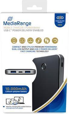 MediaRange MR753 Power Bank 10000 mAh 37 Wh 22.5W 5A PD QC 3 Ports USB USB-C Black Silver 24-pin