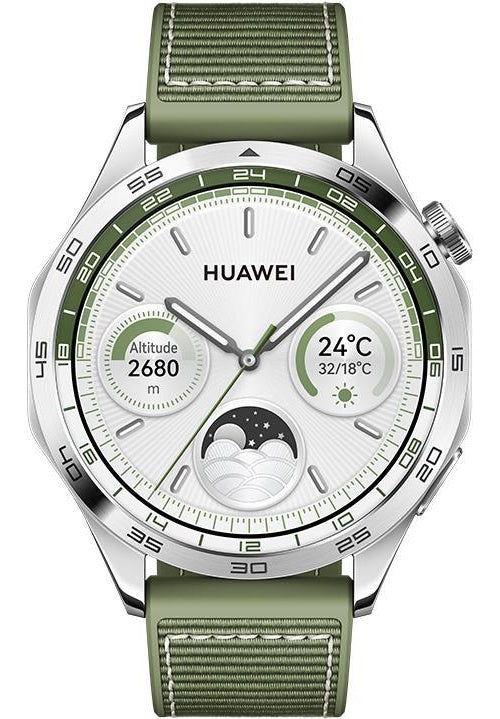 Huawei Watch GT 4 - 46 mm - Edelstahl - intelligente Uhr mit Riemen - Verbundmaterial - Handgelenkgröße: 140-210 mm - Anzeige 3,6 cm (1,43") - NFC, Bluetooth - 48 g - grün (55020BGV) afbeelding 1