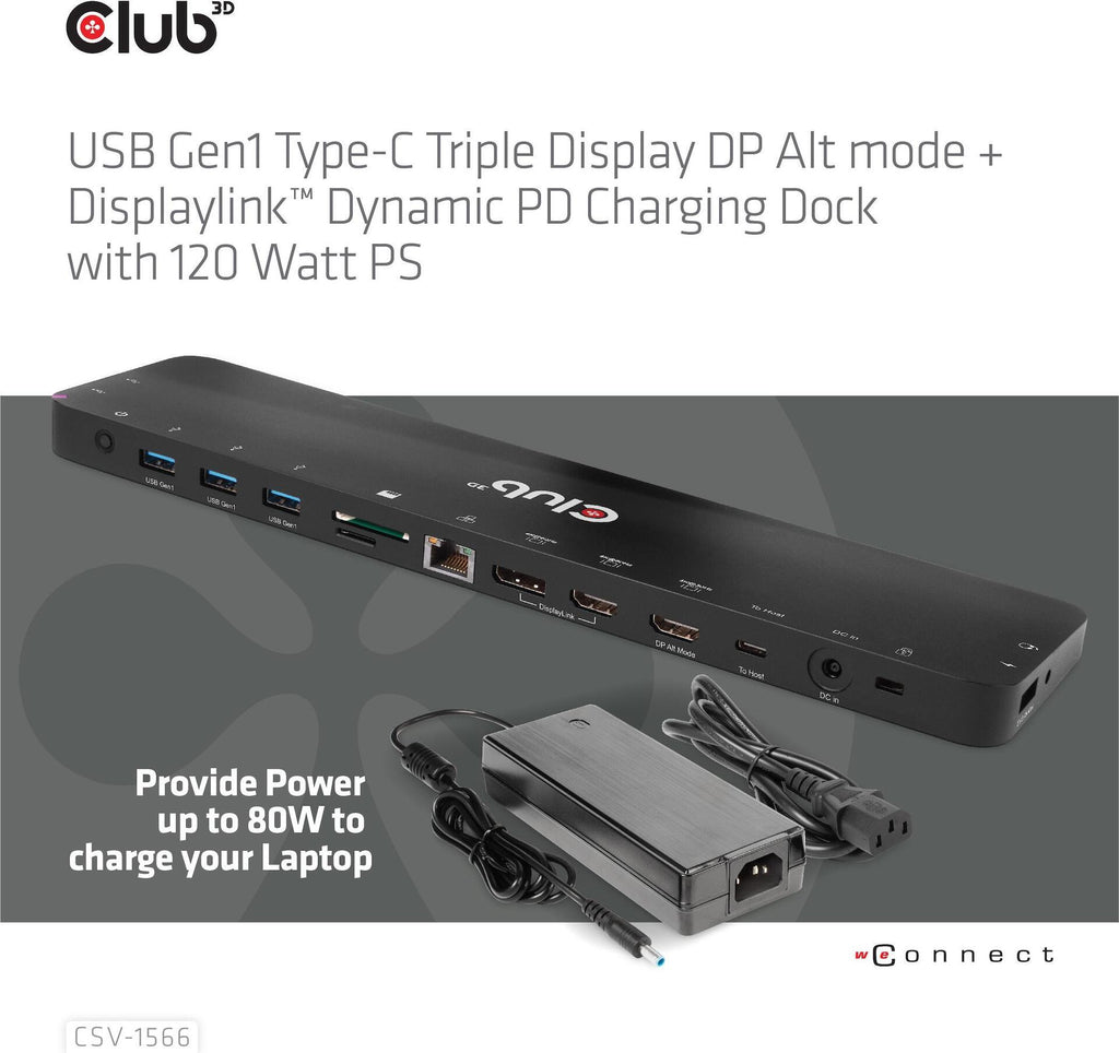 Club 3D Docking Station, USB-C, 2 x HDMI, DP, GigE, 120 Watt (CSV-1566)