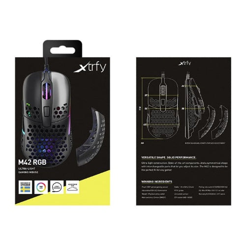 Xtrfy M42W-RGB-BLACK. Formfaktor: Beidhändig. Bewegungerfassungs Technologie: Optisch, Geräteschnittstelle: USB Typ-A, Bewegung Auflösung: 16000 DPI, Tastentyp: Gedrückte Tasten, Scroll Typ: Rad, Beschleunigung (Max.): 50 G. Farben der Bele afbeelding 1